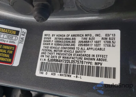 2013 Honda Cr-V Ex-L z USA, uszkodzony, nr VIN 5J6RM4H72DL057576